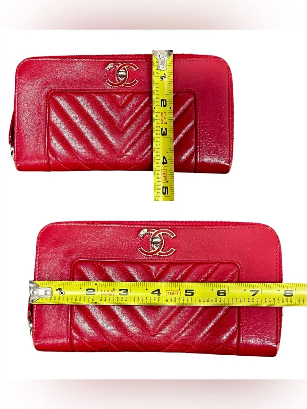 Chanel Mademoiselle Chevron Red Lambskin Leather Zip Around Zippy Large Wallet
